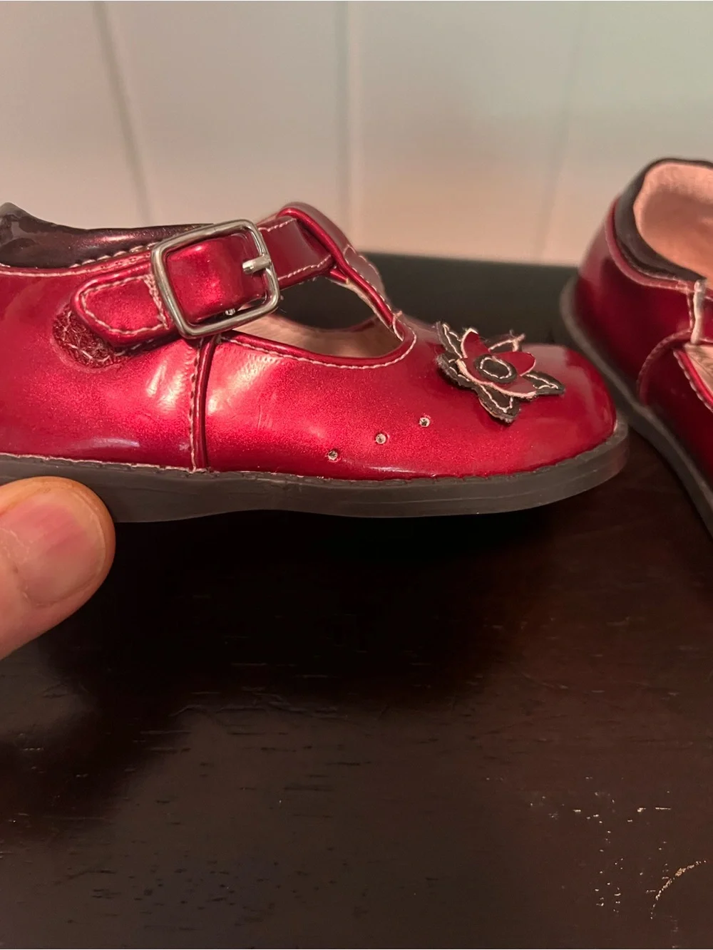FootMates Shiny Red T-Strap Flower Mary Janes